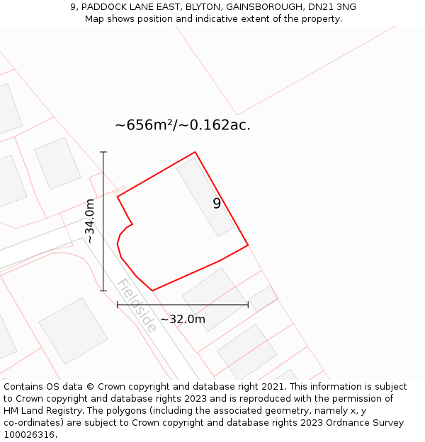 9, PADDOCK LANE EAST, BLYTON, GAINSBOROUGH, DN21 3NG: Plot and title map