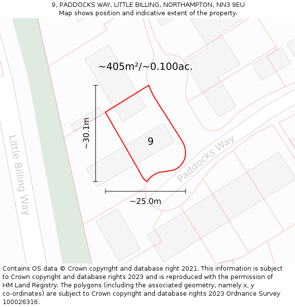 9, PADDOCKS WAY, LITTLE BILLING, NORTHAMPTON, NN3 9EU: Plot and title map