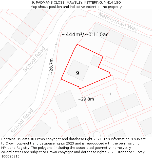 9, PADMANS CLOSE, MAWSLEY, KETTERING, NN14 1SQ: Plot and title map