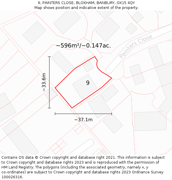 9, PAINTERS CLOSE, BLOXHAM, BANBURY, OX15 4QY: Plot and title map