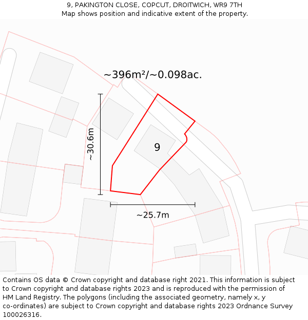 9, PAKINGTON CLOSE, COPCUT, DROITWICH, WR9 7TH: Plot and title map