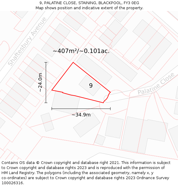 9, PALATINE CLOSE, STAINING, BLACKPOOL, FY3 0EG: Plot and title map