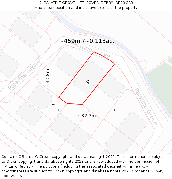 9, PALATINE GROVE, LITTLEOVER, DERBY, DE23 3RR: Plot and title map