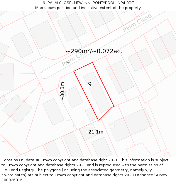9, PALM CLOSE, NEW INN, PONTYPOOL, NP4 0DE: Plot and title map
