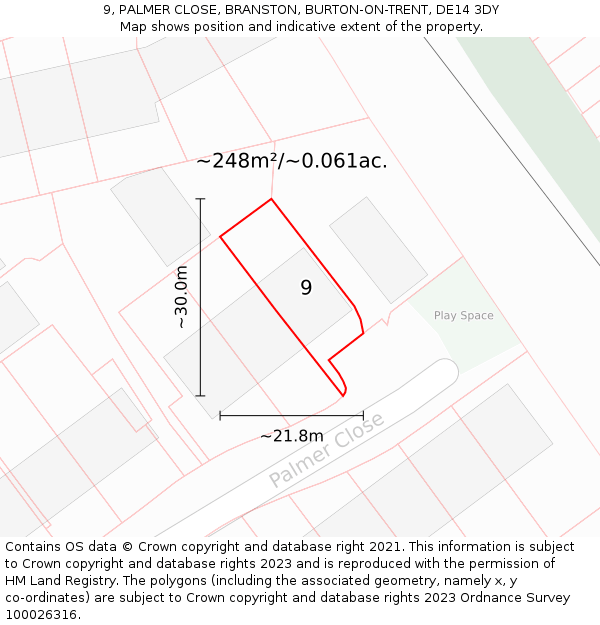 9, PALMER CLOSE, BRANSTON, BURTON-ON-TRENT, DE14 3DY: Plot and title map