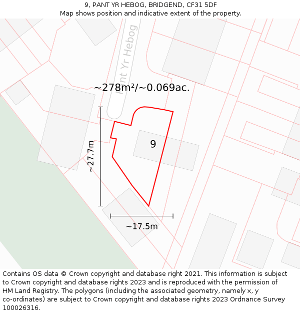 9, PANT YR HEBOG, BRIDGEND, CF31 5DF: Plot and title map