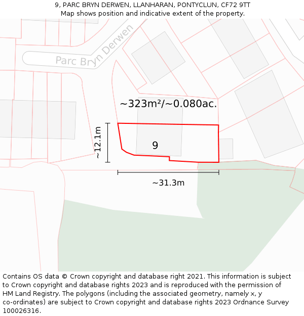 9, PARC BRYN DERWEN, LLANHARAN, PONTYCLUN, CF72 9TT: Plot and title map