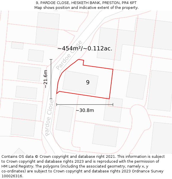 9, PARDOE CLOSE, HESKETH BANK, PRESTON, PR4 6PT: Plot and title map