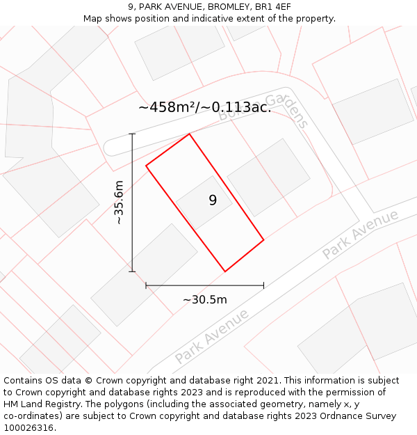 9, PARK AVENUE, BROMLEY, BR1 4EF: Plot and title map