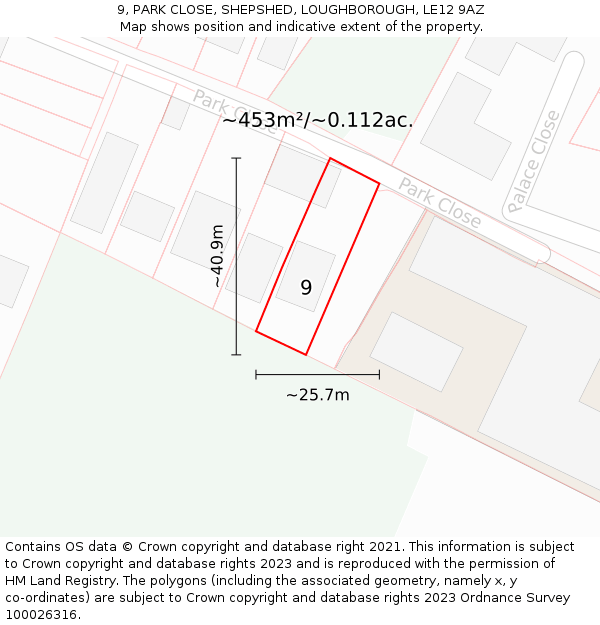 9, PARK CLOSE, SHEPSHED, LOUGHBOROUGH, LE12 9AZ: Plot and title map
