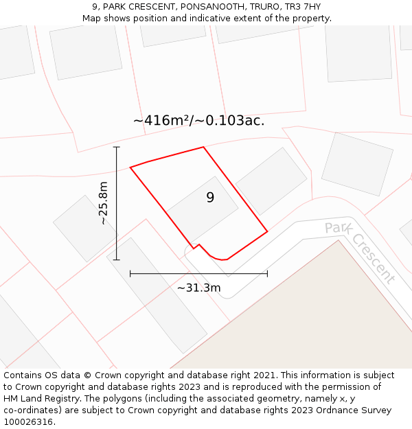 9, PARK CRESCENT, PONSANOOTH, TRURO, TR3 7HY: Plot and title map