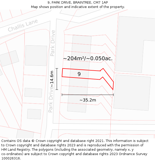 9, PARK DRIVE, BRAINTREE, CM7 1AP: Plot and title map