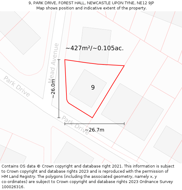 9, PARK DRIVE, FOREST HALL, NEWCASTLE UPON TYNE, NE12 9JP: Plot and title map