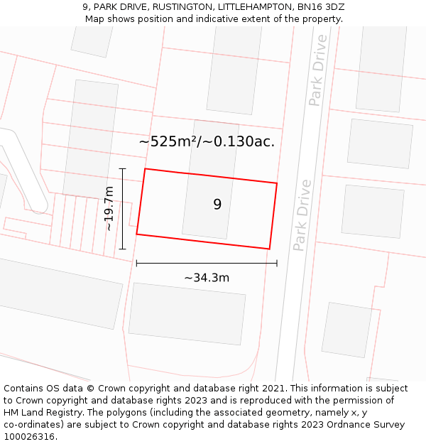 9, PARK DRIVE, RUSTINGTON, LITTLEHAMPTON, BN16 3DZ: Plot and title map