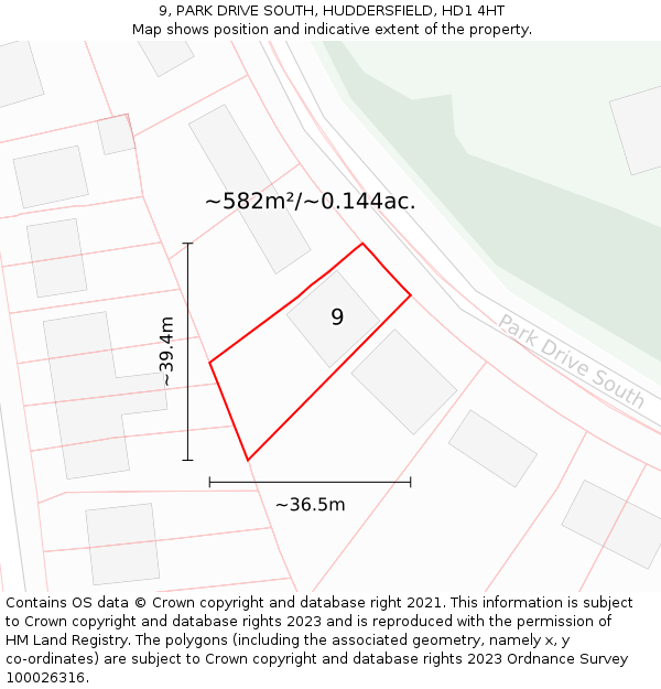 9, PARK DRIVE SOUTH, HUDDERSFIELD, HD1 4HT: Plot and title map