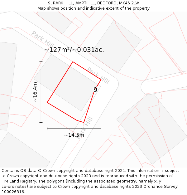 9, PARK HILL, AMPTHILL, BEDFORD, MK45 2LW: Plot and title map