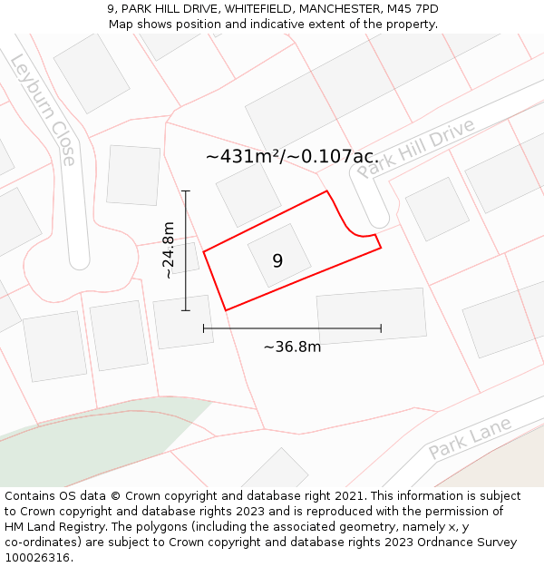 9, PARK HILL DRIVE, WHITEFIELD, MANCHESTER, M45 7PD: Plot and title map