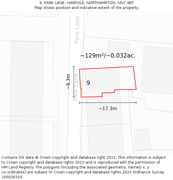 9, PARK LANE, HARPOLE, NORTHAMPTON, NN7 4BT: Plot and title map