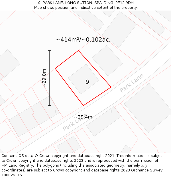 9, PARK LANE, LONG SUTTON, SPALDING, PE12 9DH: Plot and title map