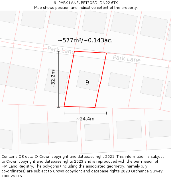 9, PARK LANE, RETFORD, DN22 6TX: Plot and title map