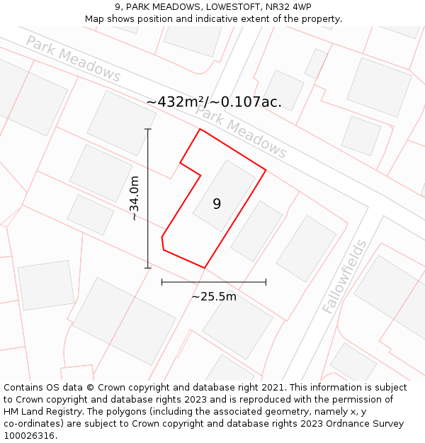 9, PARK MEADOWS, LOWESTOFT, NR32 4WP: Plot and title map