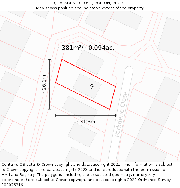 9, PARKDENE CLOSE, BOLTON, BL2 3LH: Plot and title map