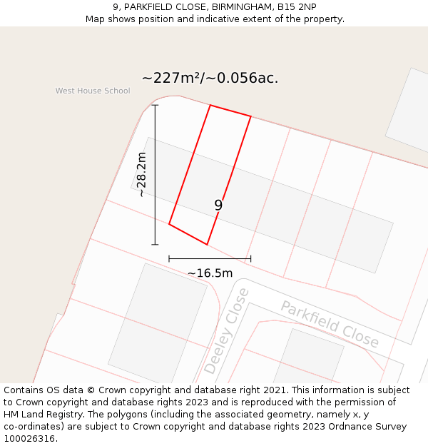 9, PARKFIELD CLOSE, BIRMINGHAM, B15 2NP: Plot and title map