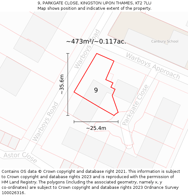 9, PARKGATE CLOSE, KINGSTON UPON THAMES, KT2 7LU: Plot and title map