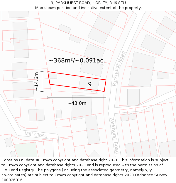 9, PARKHURST ROAD, HORLEY, RH6 8EU: Plot and title map