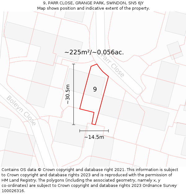 9, PARR CLOSE, GRANGE PARK, SWINDON, SN5 6JY: Plot and title map