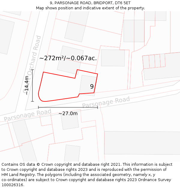 9, PARSONAGE ROAD, BRIDPORT, DT6 5ET: Plot and title map