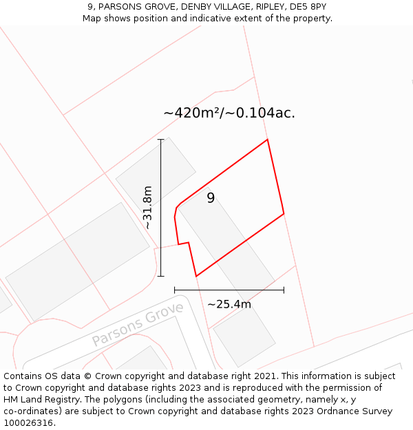 9, PARSONS GROVE, DENBY VILLAGE, RIPLEY, DE5 8PY: Plot and title map