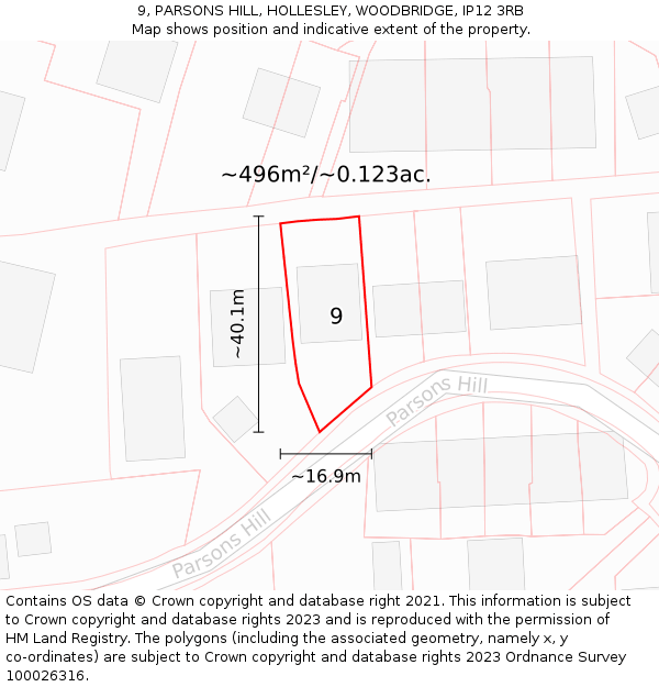 9, PARSONS HILL, HOLLESLEY, WOODBRIDGE, IP12 3RB: Plot and title map