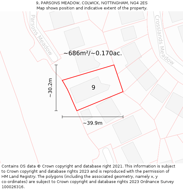 9, PARSONS MEADOW, COLWICK, NOTTINGHAM, NG4 2ES: Plot and title map