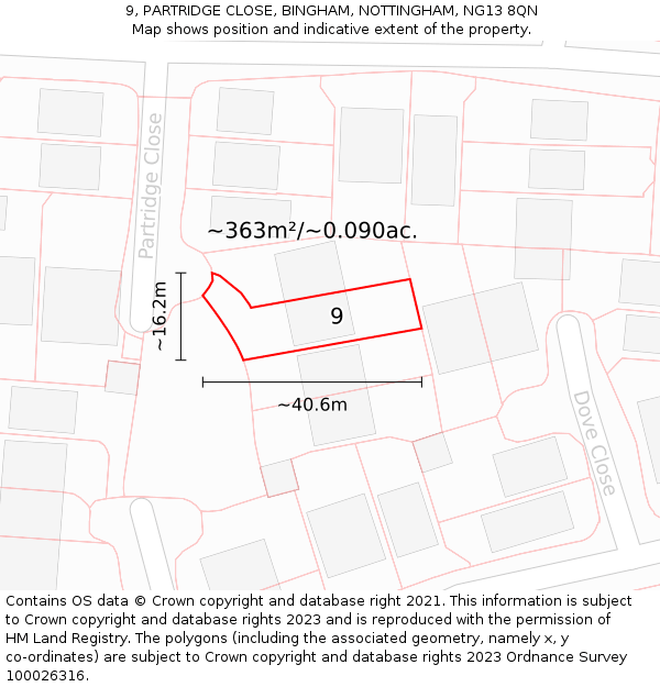9, PARTRIDGE CLOSE, BINGHAM, NOTTINGHAM, NG13 8QN: Plot and title map