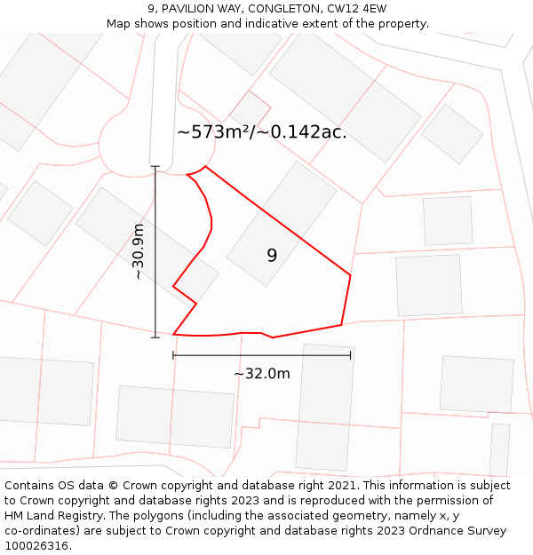 9, PAVILION WAY, CONGLETON, CW12 4EW: Plot and title map