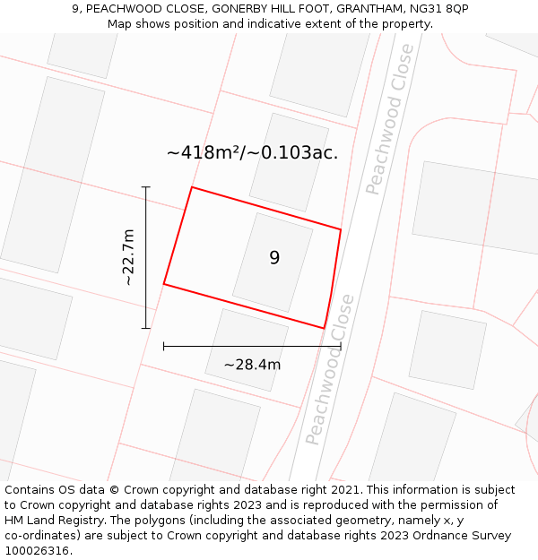 9, PEACHWOOD CLOSE, GONERBY HILL FOOT, GRANTHAM, NG31 8QP: Plot and title map