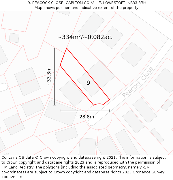 9, PEACOCK CLOSE, CARLTON COLVILLE, LOWESTOFT, NR33 8BH: Plot and title map