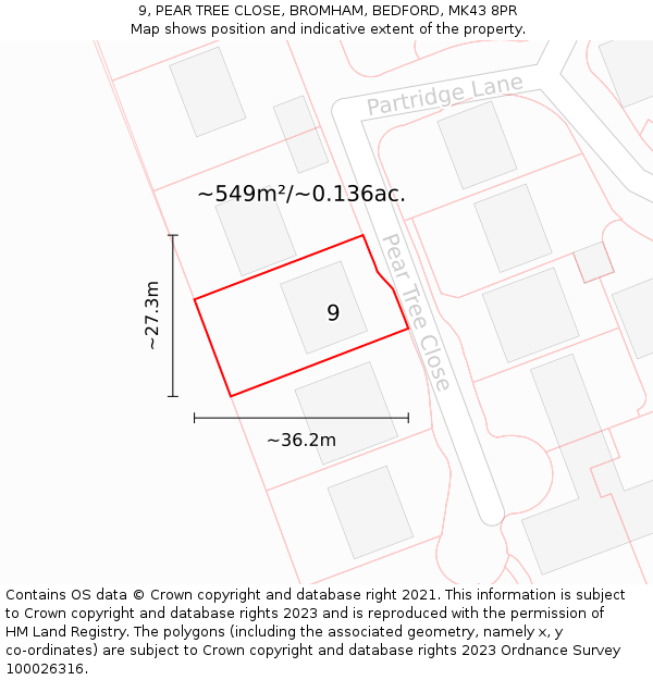 9, PEAR TREE CLOSE, BROMHAM, BEDFORD, MK43 8PR: Plot and title map