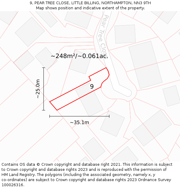 9, PEAR TREE CLOSE, LITTLE BILLING, NORTHAMPTON, NN3 9TH: Plot and title map