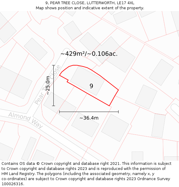9, PEAR TREE CLOSE, LUTTERWORTH, LE17 4XL: Plot and title map