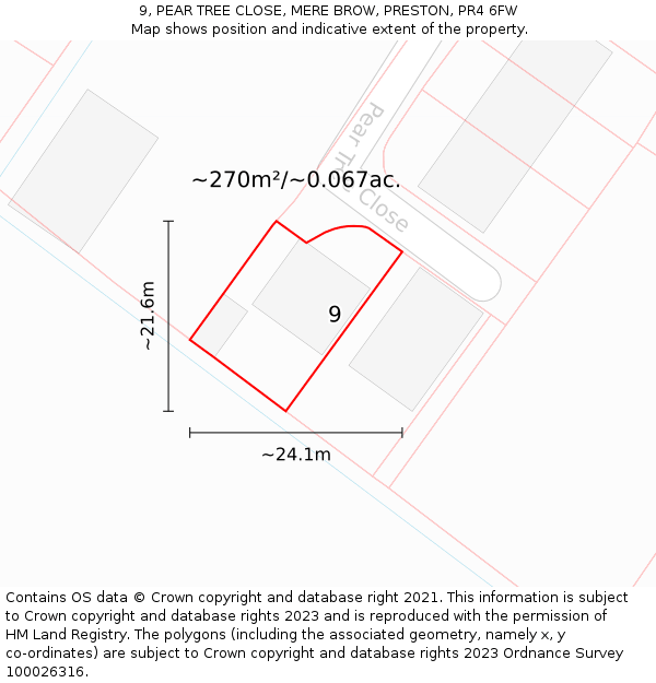 9, PEAR TREE CLOSE, MERE BROW, PRESTON, PR4 6FW: Plot and title map