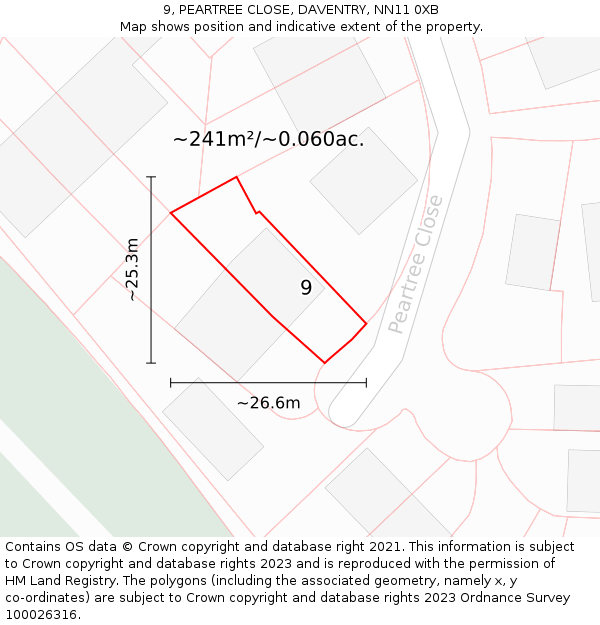 9, PEARTREE CLOSE, DAVENTRY, NN11 0XB: Plot and title map