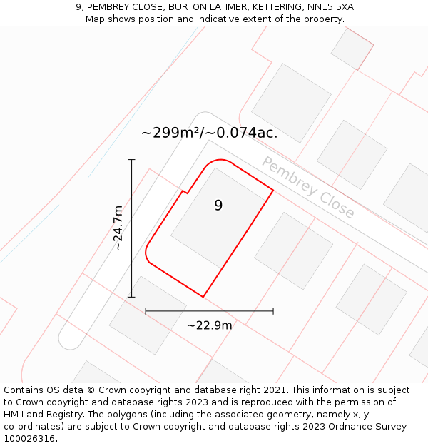 9, PEMBREY CLOSE, BURTON LATIMER, KETTERING, NN15 5XA: Plot and title map