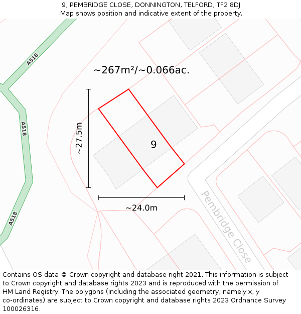 9, PEMBRIDGE CLOSE, DONNINGTON, TELFORD, TF2 8DJ: Plot and title map