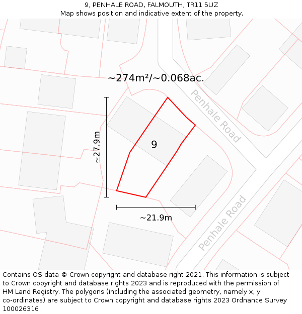 9, PENHALE ROAD, FALMOUTH, TR11 5UZ: Plot and title map