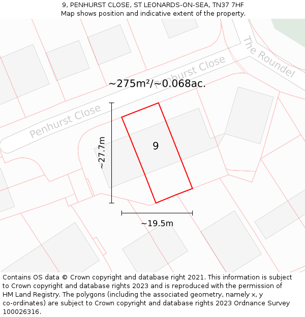 9, PENHURST CLOSE, ST LEONARDS-ON-SEA, TN37 7HF: Plot and title map