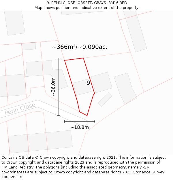 9, PENN CLOSE, ORSETT, GRAYS, RM16 3ED: Plot and title map