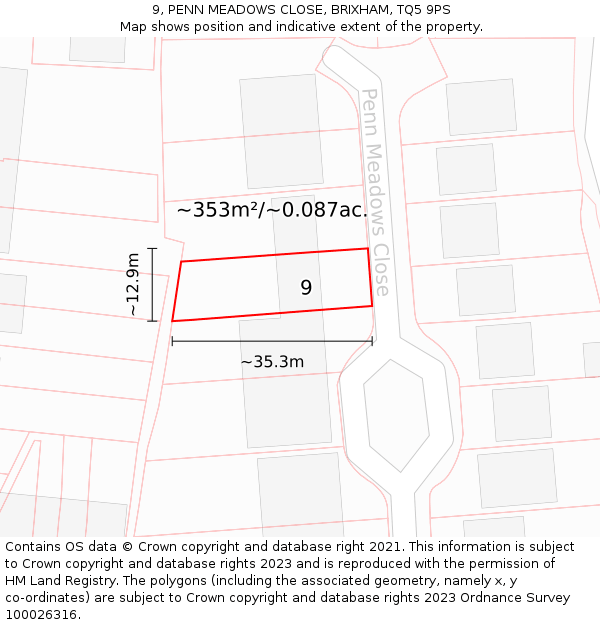 9, PENN MEADOWS CLOSE, BRIXHAM, TQ5 9PS: Plot and title map