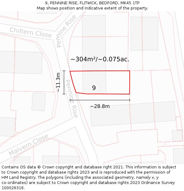 9, PENNINE RISE, FLITWICK, BEDFORD, MK45 1TP: Plot and title map